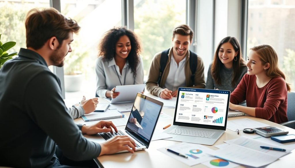 A bright and modern workspace scene illustrating smart strategies for managing student credit card utilization. In the foreground, a diverse group of three college students, dressed in casual yet professional attire, are gathered around a table covered with financial documents, calculators, and laptops. They are engaged in a discussion, reviewing charts and graphs that represent budgeting and credit scores. In the middle ground, an open laptop displays a colorful infographic of student credit utilization tips. The background features a large window allowing natural light to fill the room, casting soft shadows and creating a welcoming atmosphere. The overall mood is collaborative and informative, emphasizing the importance of financial literacy among students.