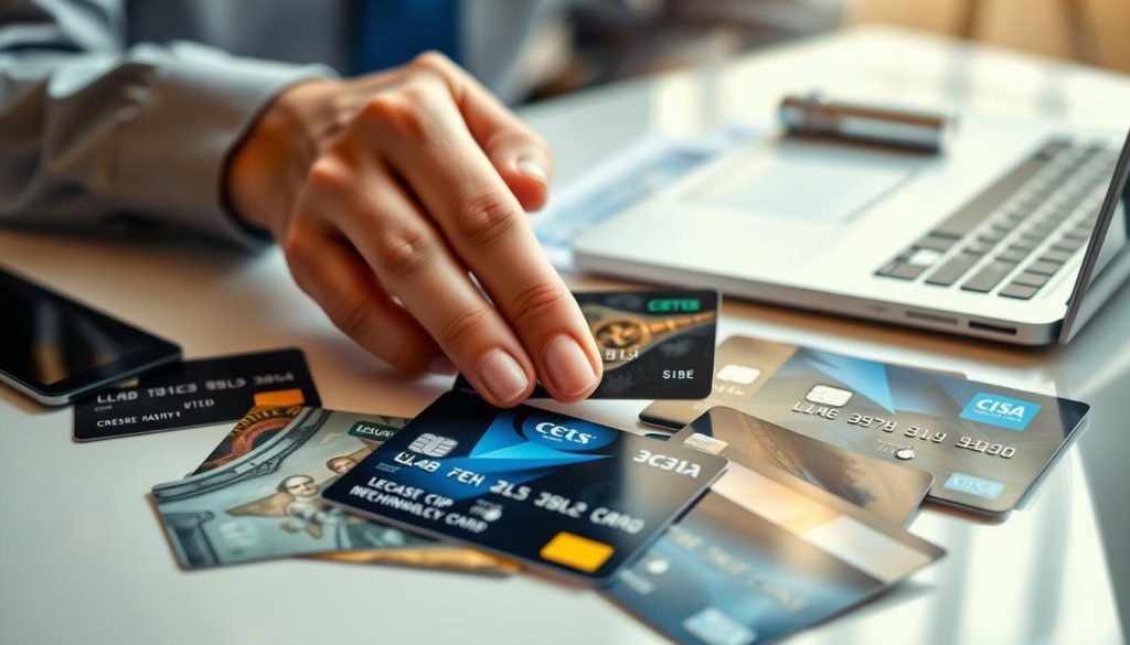 A close-up view of a variety of secured credit cards specifically designed for individuals with bad credit, arranged artistically on a clean, polished desk. The foreground features several cards with distinct designs, showcasing options like low fees and secure chip technology. In the middle, a hand gently holds one of the cards, emphasizing trust and accessibility. In the background, a laptop and financial documents subtly blur, suggesting a professional environment. Soft, warm lighting creates an inviting atmosphere, while a shallow depth of field focuses the viewer's attention on the cards. The overall mood is reassuring and empowering, illustrating financial opportunity and responsible credit management.