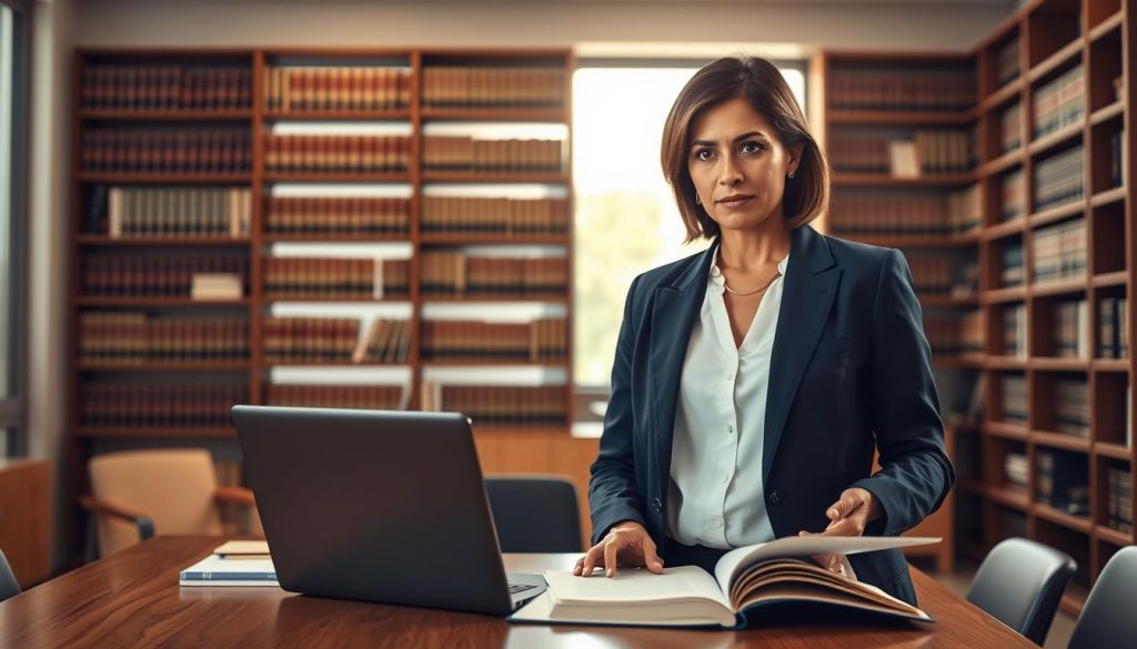 A confident employment law attorney standing in a modern office setting, emphasizing professionalism. In the foreground, the attorney, a middle-aged woman of Hispanic descent, is dressed in a tailored navy blazer and white blouse, her hair neatly styled. She is reviewing legal documents on her sleek wooden desk, with a laptop and a legal book nearby. In the middle ground, we see a large bookshelf filled with law books, symbolizing expertise. The background features a bright window with soft natural light filtering in, casting a warm glow across the room. The atmosphere is one of authority and trust, suggesting a safe space for clients seeking legal advice on workplace rights. The angle is slightly elevated, providing a comprehensive view of the attorney in her professional environment.