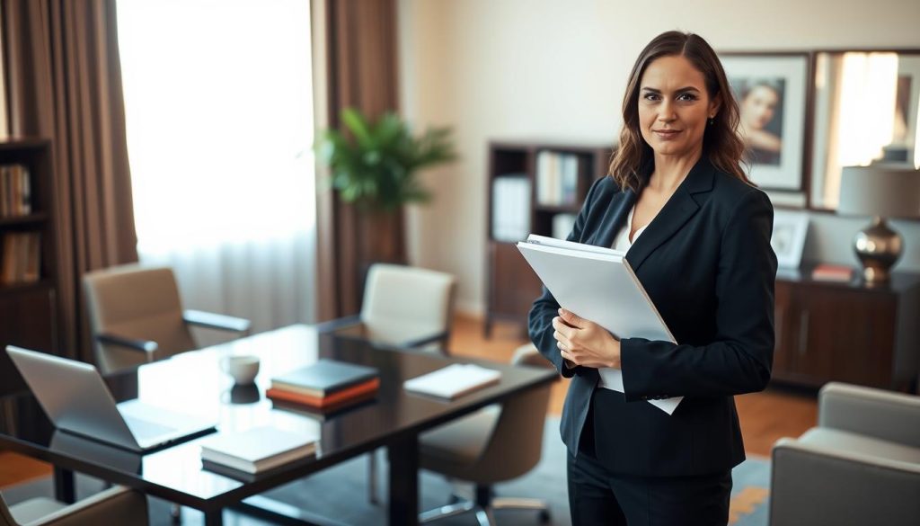 A confident wrongful termination lawyer stands in an elegantly furnished office, exuding professionalism and authority. In the foreground, the lawyer, a woman in a tailored dark suit, is depicted holding a legal brief and a notepad, her expression focused and determined. The middle ground features a sleek desk with legal books and a laptop, while a large window in the background allows soft, warm daylight to filter in, creating a welcoming atmosphere. The scene captures a sense of urgency and empowerment, suggesting the steps one should take after a wrongful termination. The composition should maintain a sense of clarity and professionalism, with a shallow depth of field focusing on the lawyer while softly blurring the background details. The overall mood is serious yet hopeful, reflecting the journey to protect one's rights.