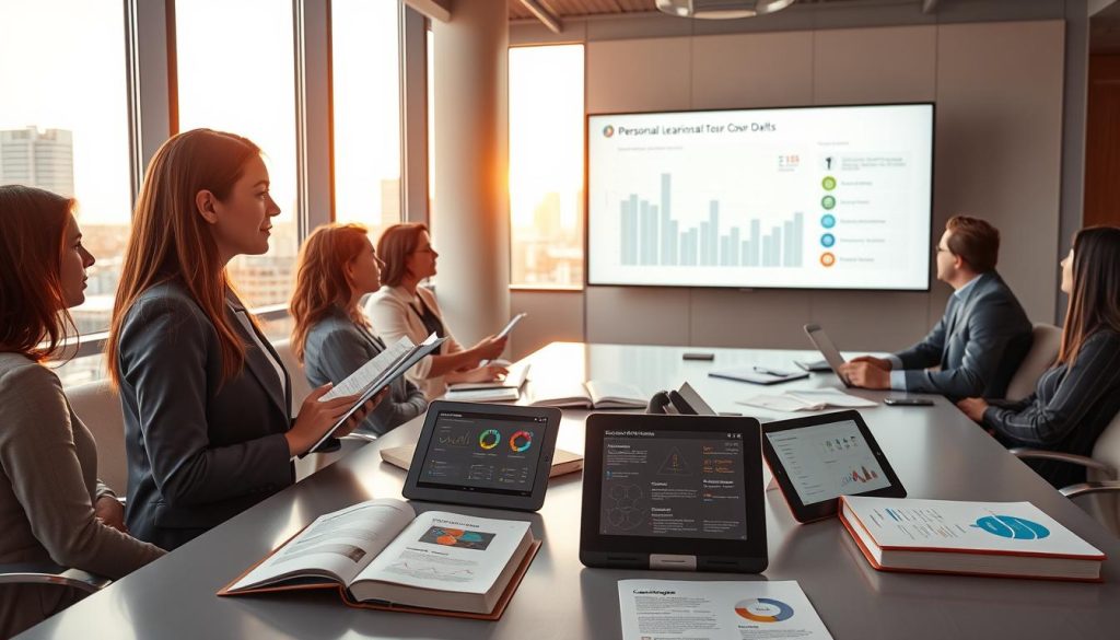 A modern office environment featuring a diverse group of professionals engaged in a collaborative learning session. In the foreground, a woman in business attire is taking notes, surrounded by her colleagues, including a man with glasses explaining concepts on a large screen. In the middle ground, various course materials, such as books and digital tablets with infographics, are displayed on a sleek conference table. The background showcases glass windows revealing a bright city skyline, with warm, natural light flooding the space. The atmosphere is focused and motivational, with a sense of growth and professional development. The image should be clear and well-composed, demonstrating teamwork and engagement in personal growth.