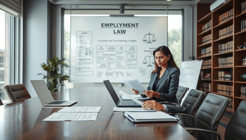 A professional employment law attorney preparing for a meeting in a modern office setting. In the foreground, a neatly arranged conference table with legal documents, a laptop, and a notepad. The attorney, a South Asian woman in formal business attire, is reviewing paperwork, looking focused and determined. In the middle ground, a large whiteboard with notes and graphics related to employment law, suggesting preparation. The background features a sleek office environment with bookshelves filled with legal texts and a large window that allows natural light to flood the room, creating a bright and inviting atmosphere. The overall mood is professional and serious, emphasizing the importance of workplace rights.