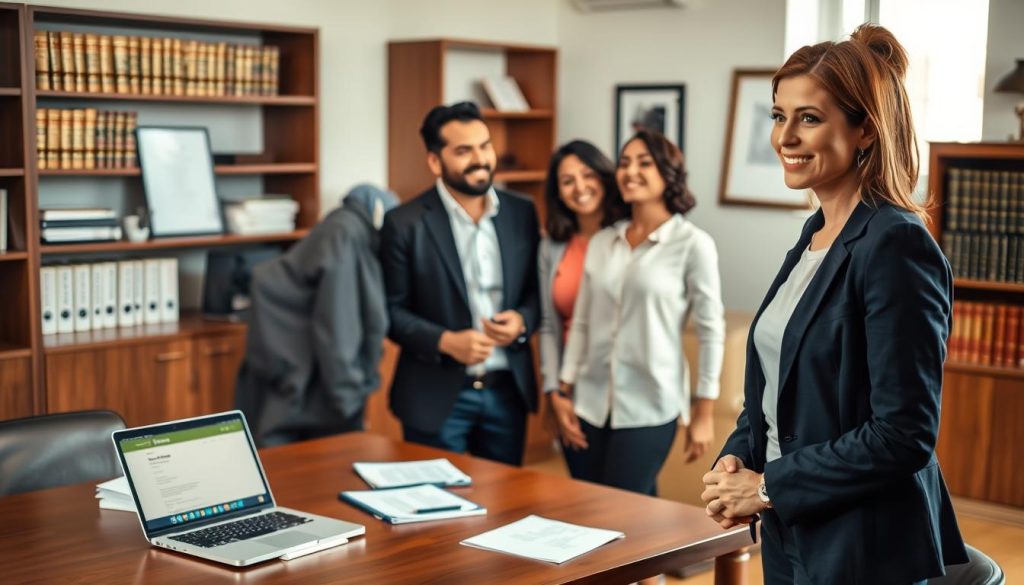 A professional immigration attorney stands confidently in an office setting, showcasing a blend of expertise and approachability. In the foreground, the attorney, a middle-aged Hispanic woman dressed in a tailored navy suit, is engaged in conversation with a diverse couple, who appear relieved and hopeful. The couple is dressed in smart casual attire. In the middle ground, a large wooden desk is scattered with documents and legal books, and a laptop is open, displaying a legal website. The background features a wall of shelves filled with law books and a framed certificate. The lighting is warm and inviting, with natural light filtering through a window, creating a sense of trust and professionalism. The atmosphere is focused and supportive, emphasizing the importance of finding the right legal representation for immigration needs.