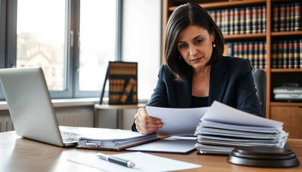 A professional immigration lawyer seated at a modern office desk, focusing intently on a stack of legal documents and a laptop. The lawyer, a middle-aged woman with shoulder-length dark hair, is dressed in a smart navy suit, exuding confidence and expertise. In the foreground, a pen and notepad are arranged neatly, while in the middle, a bookshelf filled with law books serves as a backdrop, hinting at her extensive knowledge. The background features a large window, allowing soft natural light to illuminate the scene, creating an inviting atmosphere. The overall mood is one of professionalism and determination, capturing the critical moment when a client seeks legal advice. The composition is shot from a slightly elevated angle to emphasize her authority.