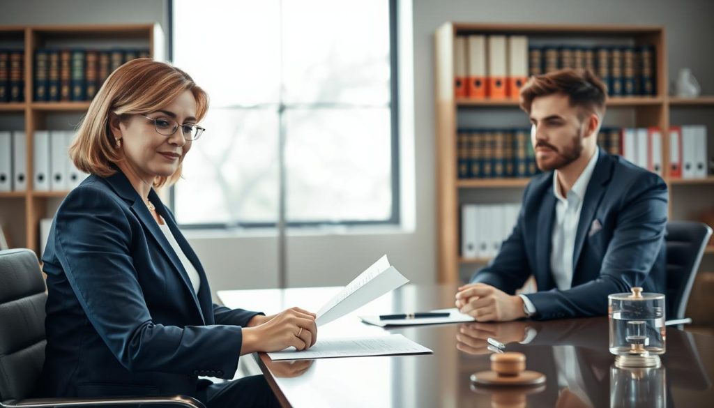 A professional office scene showcasing a meeting between a confident employment law attorney and a client. In the foreground, the attorney, a middle-aged female in a tailored navy blue suit, is seated at a sleek, modern desk, reviewing a document with a serious expression. The client, a young male in a smart casual outfit, listens attentively. In the middle ground, shelves filled with legal books and case files create a sense of credibility. The background features a large window letting in soft, natural light, illuminating the room with a warm ambiance. The overall mood is one of professionalism and trust, capturing the essence of legal advocacy and the discussion of costs and fee structures. The composition should be well-lit, with a focus on clear details and a slightly blurred background, emphasizing the subjects in the foreground.