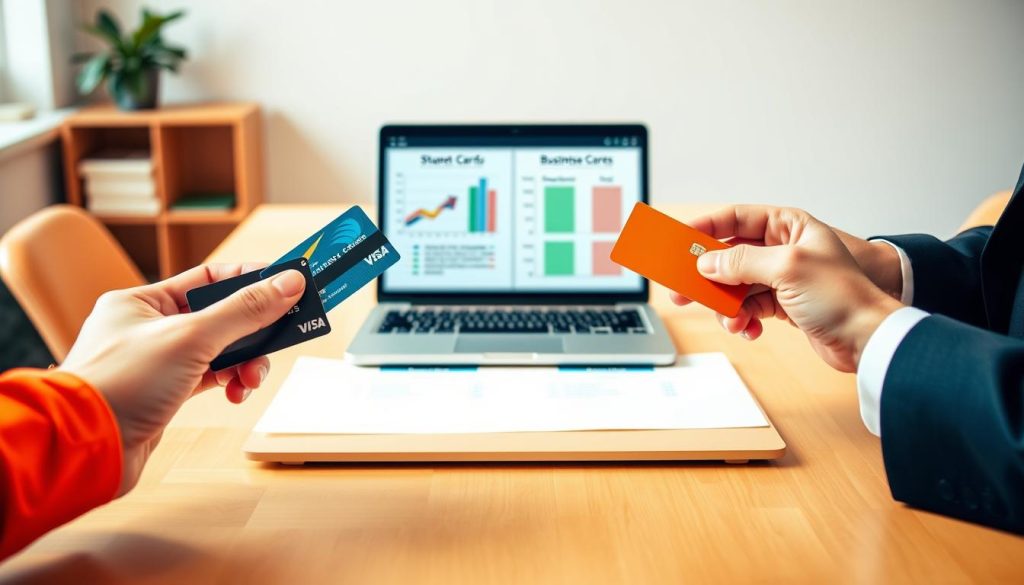 A vibrant and informative scene depicting a comparison of student credit cards and business credit cards. In the foreground, two hands—one in a smart casual outfit and the other in a business suit—hold different credit cards, showcasing distinctive designs and colors. In the middle ground, a neatly arranged table features a laptop displaying graphs comparing interest rates, rewards, and features of both card types. The background includes a softly blurred office setting that conveys a professional atmosphere, with warm, natural lighting illuminating the scene. The overall mood is focused and informative, reflecting a sense of financial awareness and decision-making. The angle is slightly above the table level, offering a clear view of the cards and laptop while maintaining a clean, minimalistic aesthetic.