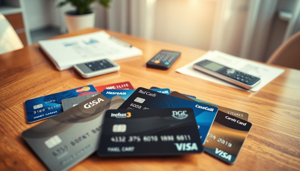 A visually engaging composition featuring an array of unsecured credit cards aimed at individuals with bad credit. In the foreground, display several credit cards with distinct designs, emphasizing variety in colors and logos, alongside typical financial symbols like dollar signs and interest rate icons. The middle ground includes a polished wooden table with a calculator, financial documents, and a smartphone, suggesting an environment of financial planning. The background features a softly blurred office setting, with warm, inviting lighting illuminating the scene to create a sense of optimism. Use a slight overhead angle to capture the details of the cards and surrounding objects, fostering a professional yet approachable atmosphere. The overall mood should convey a sense of hope and opportunity for financial improvement.