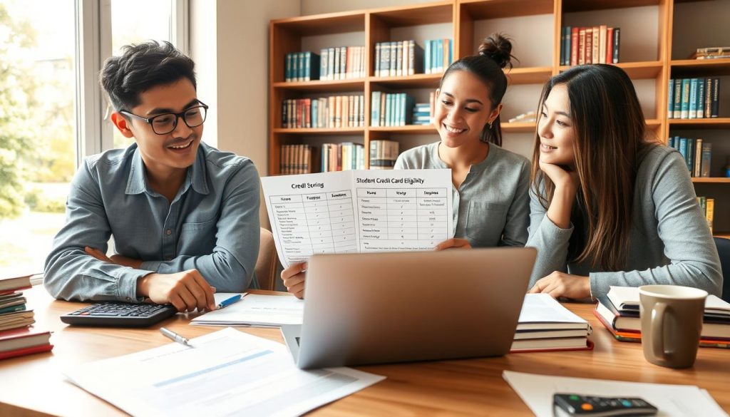 A well-organized study desk featuring a diverse group of three students, one Asian male, one Black female, and one Hispanic female, reviewing student credit card eligibility documents. The foreground captures a close-up of an open laptop displaying a credit card application form, alongside a calculator, textbooks, and a cup of coffee, reflecting a scholarly atmosphere. In the middle, the students are engaged in discussion, dressed in smart casual attire, looking focused and determined, with charts showcasing credit score and income requirements spread out among them. The background includes a bookshelf filled with financial guides and a soft-lit window showcasing a sunny campus scene. The ambiance is inspiring and collaborative, illuminated by natural light that creates a warm, inviting glow.